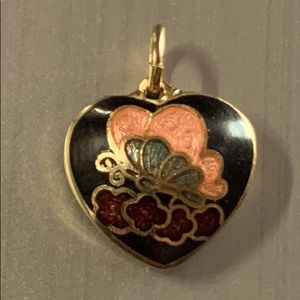 Black enamel heart Cloisonné vintage pendant with  butterfly design.